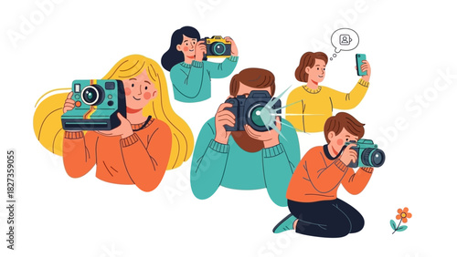 Diverse Group of Enthusiastic Photographers Capturing Moments with Traditional Cameras and Modern Digital Devices