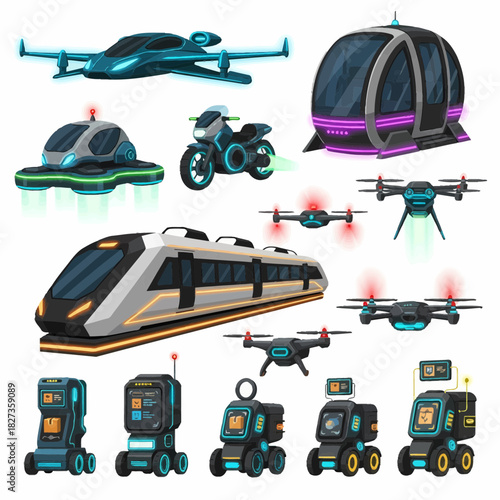 Collection of futuristic transport delivery drones and autonomous ground robots