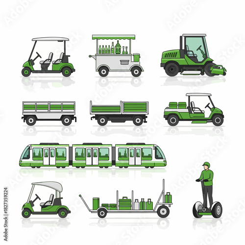 Collection of green and white utility vehicles a tram and a person on a scooter