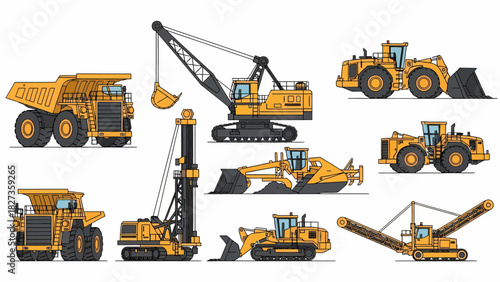 Collection of illustrated heavy machinery used in mining and construction