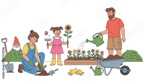 Family gardening together, planting flowers and vegetables, enjoying outdoor activities with kids