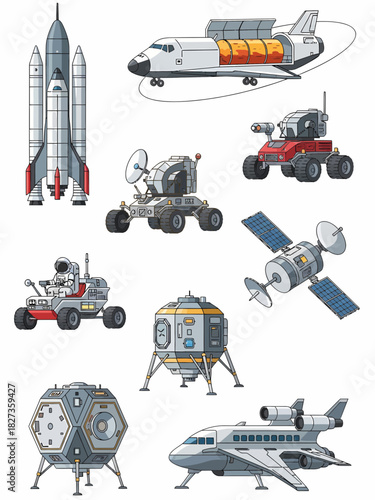 Collection of nine cartoon illustrations of various spacecraft and vehicles
