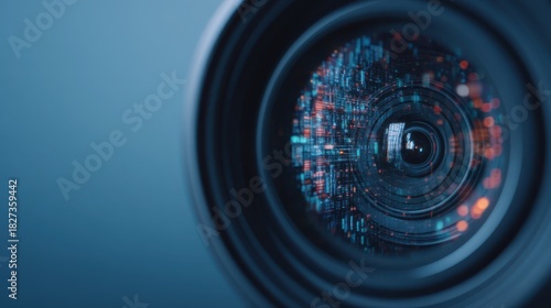 A close-up of a camera lens showcasing intricate data patterns, highlighting the intersection of technology and photography.