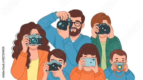 Enthusiastic family and friends group capturing moments with various cameras, celebrating a shared passion for photography and memory-making