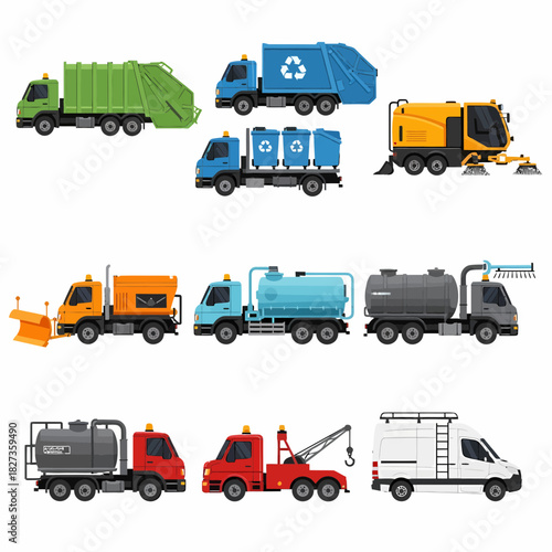 Collection of nine municipal and service vehicles including garbage recycling snowplow tanker vacuum sweeper tow truck and van