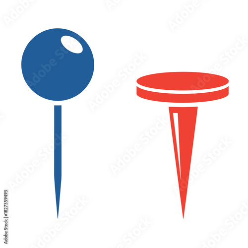 Blue and red push pins on white background graphic illustration pushpin thumbtack