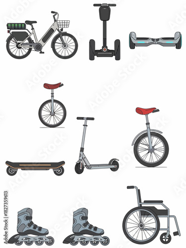 Collection of personal mobility devices including electric and manual transport icons