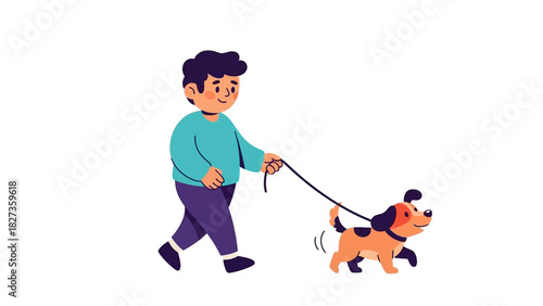 Young man walking his happy puppy dog on a leash. Simple flat vector illustration of a pet owner and their canine companion