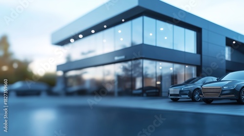 Blurred modern vehicle dealership exterior, defocused business background with automobile showroom architecture and commercial display, automotive retail visualization with copy space