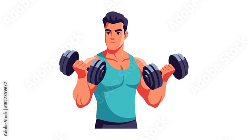 Muscular Man Lifting Dumbbells in Workout Exercise for Strength and Fitness