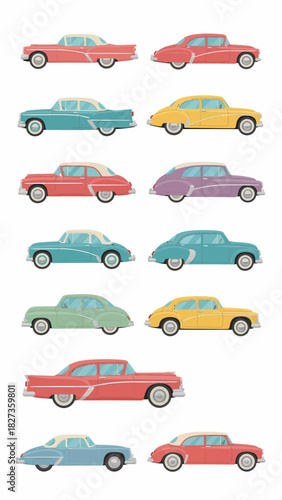 Collection of ten vintage automobile illustrations in various colors and styles