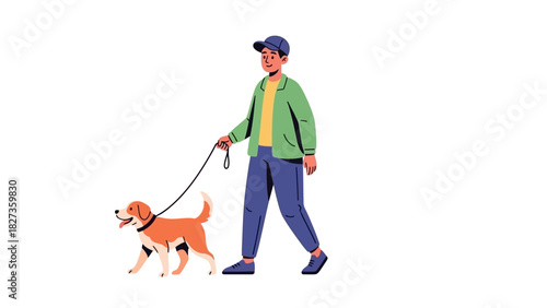 A person walking a dog outdoors in a casual setting during a sunny day, pets and lifestyle
