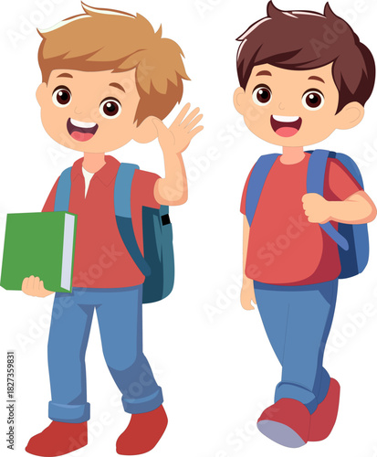 Cute School Boys Walking with Backpacks Cartoon Vector