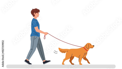 Young man taking his golden retriever for a walk on a leash, enjoying outdoor leisure and pet companionship