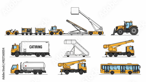 Collection of yellow and white airport ground support vehicles and equipment