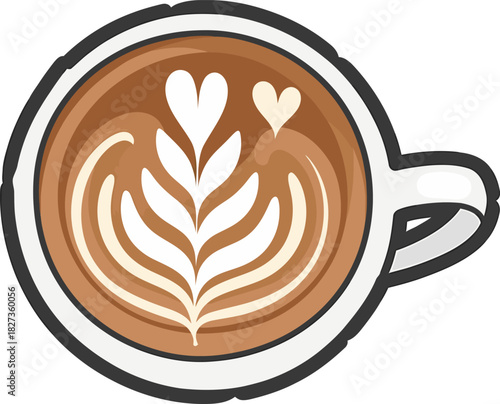 Latte Art Rosetta and Heart in Coffee Cup Vector Illustration