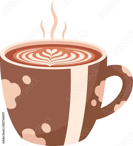 Hot Latte or Cappuccino in Mug with Rosetta Latte Art, Steaming Coffee Vector Icon