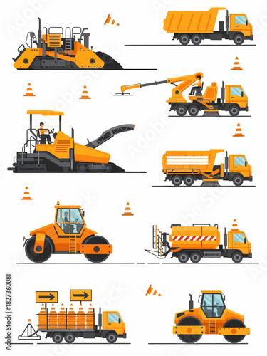 Construction vehicle illustrations featuring asphalt paving milling compaction and maintenance trucks
