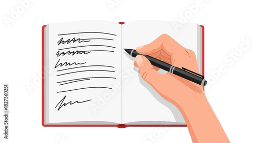 Vector illustration of a hand holding a pen and writing in an open red notebook. Concept for journaling, note-taking, and studying