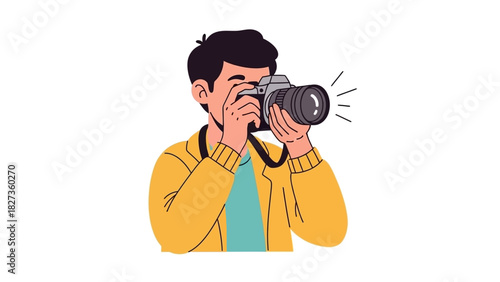 Male photographer character holding a professional dslr camera and taking a picture. Isolated vector illustration concept