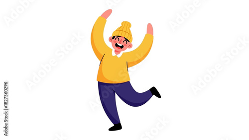 Excited person wearing a yellow beanie and sweater, with arms raised in celebration