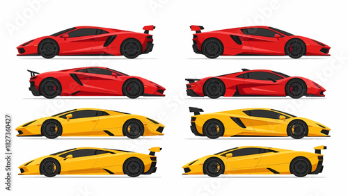 Set of four red and four yellow sports car side views front and rear