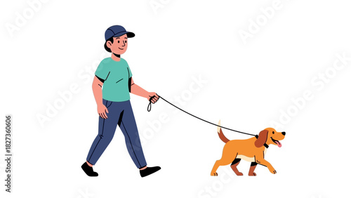 Man walking his dog on a leash in a park or on a street, enjoying outdoor activity