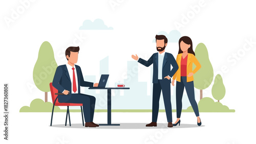 Business meeting in a park with laptop, professionals discussing project outdoors