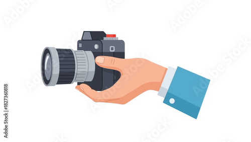 Hand holding a camera, ready to take a picture, capturing moments, photography concept