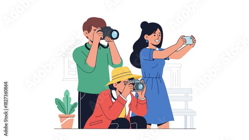 Three people taking photos with their cameras and smartphones