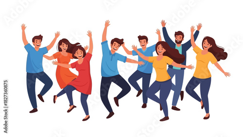 Group of diverse people celebrating with arms raised in excitement and joy, capturing a moment of triumph and shared happiness