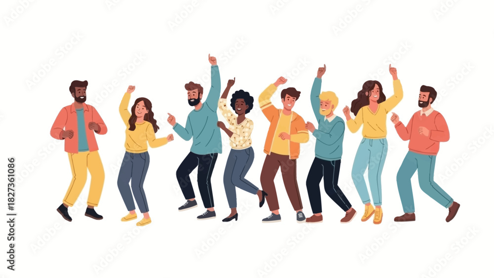 Fototapeta premium A diverse group of happy young people dancing together in a joyful celebration, flat vector illustration
