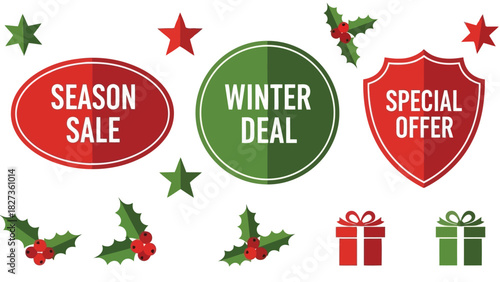 Vector illustration of christmas and winter sale badges with holly, stars, and gift boxes