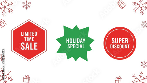 Vector illustration of holiday sale and discount badges with snowflakes and gift boxes, perfect for winter promotions