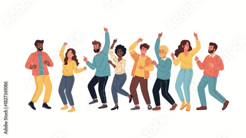 A diverse group of happy young people dancing together in a joyful celebration, flat vector illustration