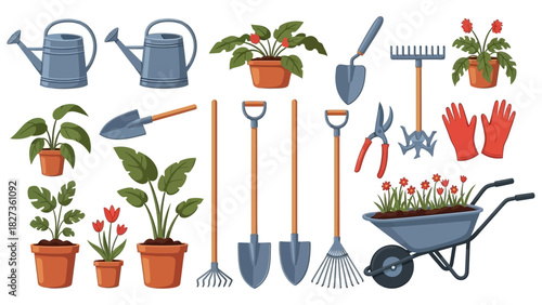 Gardening tools and potted plants, illustration for garden care and cultivation
