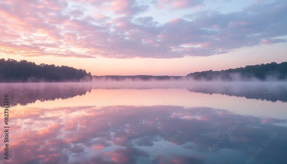 Obraz premium Ethereal Lake Sunrise: Misty Reflections of Pink and Lavender Clouds