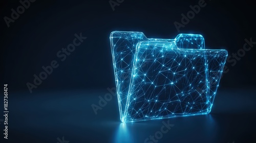 Digital folder represented by a glowing blue network, against a dark backdrop. The digital folder, illuminated by a network of glowing lines. ..Created with Generative AI, not depicting real subjects.