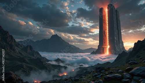 fantasy tower in the misty mountain valley