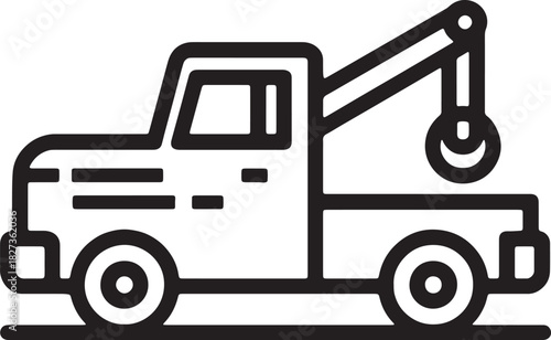 Simple black and white line art icon of a tow truck with a crane for vehicle recovery service