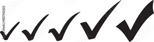 Set of check mark symbols in various sizes and styles on white