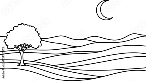 Vector illustration pattern of a black silhouette, floral scroll frame decoration in a natural mountain landscape