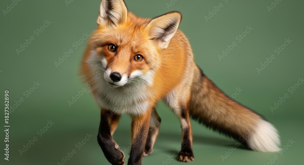 Fototapeta premium Charming Red Fox Walking on a Green Background in Bright Light