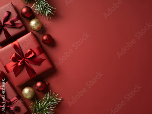 Wallpaper Mural Elegant red christmas presents border with ornaments and evergreen sprigs Torontodigital.ca