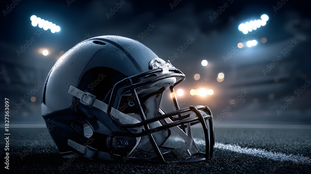 Fototapeta premium American Football Helmet on Field Under Stadium Lights at Night.