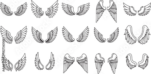 Set of different angel wings outline elements isolated on white background