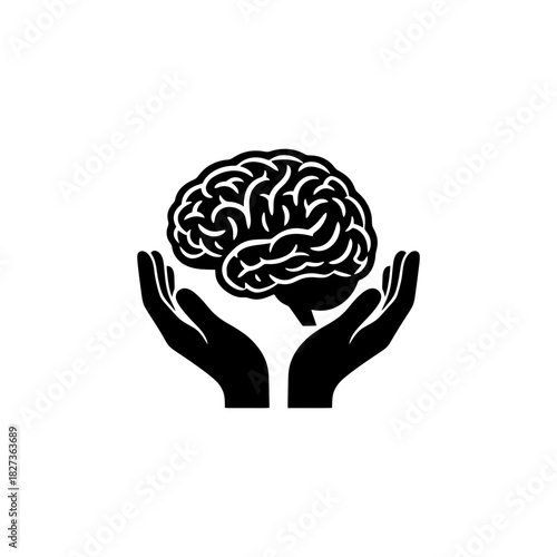 International Epilepsy Day Brain Icons Human brain with hands holding up black silhouette illustration
