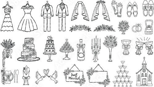 Whimsical wedding elements. Hand drawn line art vector illustrations of bride and groom's attire, accessories, and other decorative elements. 