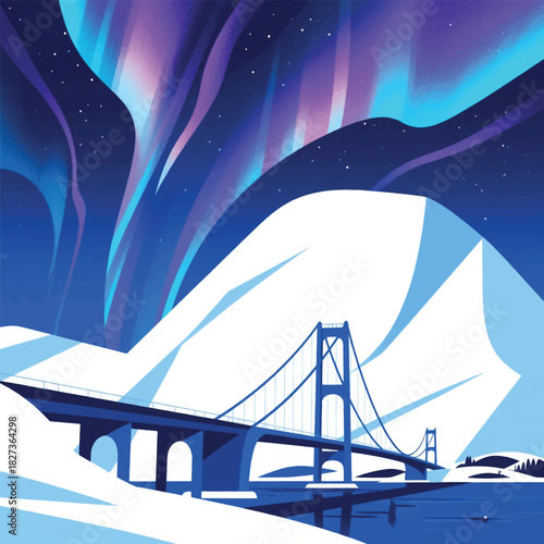 Aurora Lights Over the Ice Mountain Bridge Illustrator Artwork Banner Background Design Template 