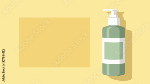 Vector illustration of a green bottle with a pump for liquid soap or lotion. Flat design with a blank label and copy space on a yellow background for beauty and hygiene mockups